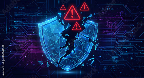 broken digital shield with red warning signs symbolizing cyber security breach data theft vulnerability network hack risk and information protection failure on futuristic circuit background