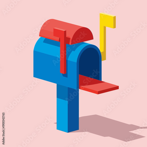 Retro Blue Mailbox With Red Flag And Yellow Flag