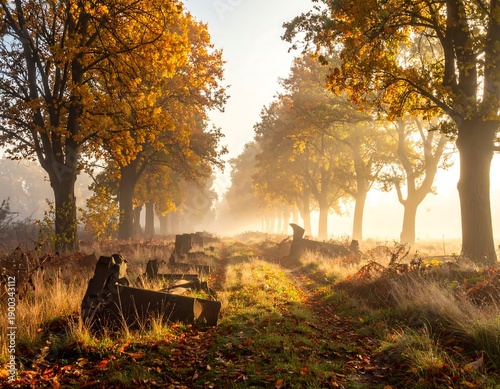 A sunlit, foggy path through a forest lined with vibrant autumn trees in full foliage. Mist fills the air
