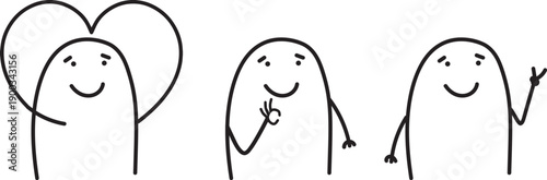 Minimalist doodle characters in three situations: heart gesture, OK hands and peace and love sign