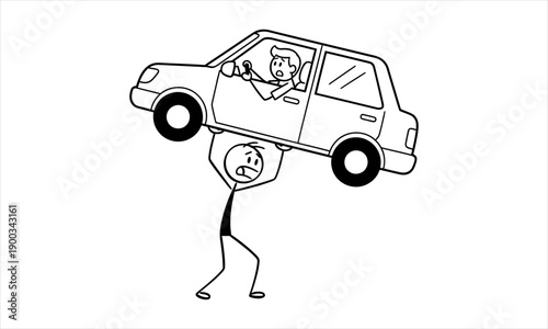 Stick Figure's Strength Lifting a Car, Overcoming Life's Heavy Burdens