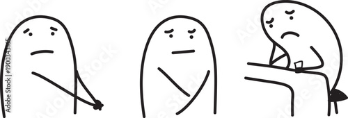Minimalist doodle characters in three situations: sad, hurt and depressed mood