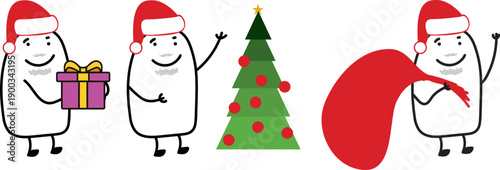 Minimalist doodle Christmas characters delivering gifts, decorating tree and Santa with red sack