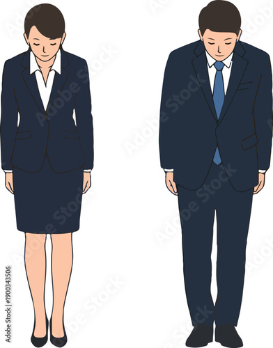 Business People Bowing Respectfully Dark Suit White Shirt Blue Tie Isolated White Background