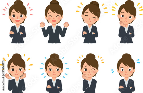 Business Woman Emotions Expressions Flat Design Icons Set