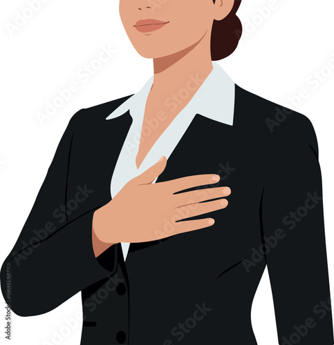 Business Woman In Black Suit Placing Hand On Heart Loyalty Respect Gesture