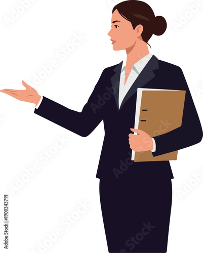 Business Woman In Dark Suit Presenting With Folder Minimal Illustration