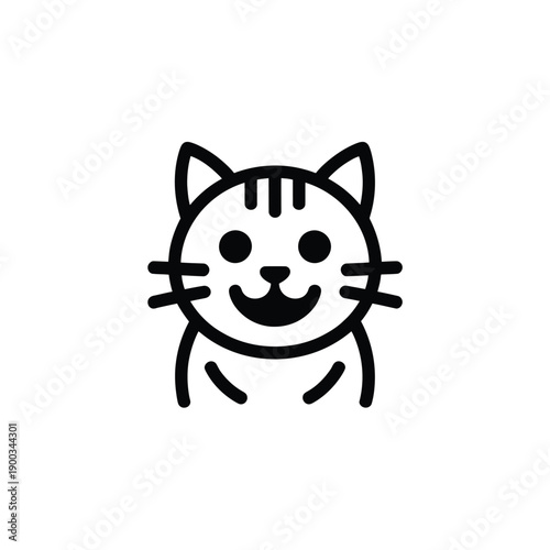 Simple line art drawing of a happy striped cat face icon with whiskers and small ears.