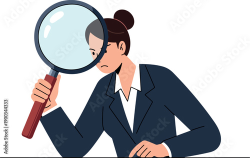 Businesswoman in Dark Blue Suit Inspects with Magnifying Glass White Background