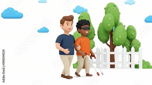 Man helping a blind person walk with cane 3D stylized render