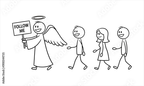Cartoon Angel Leads Group of People with 'Follow Me' Sign, Illustrating Guidance and Direction