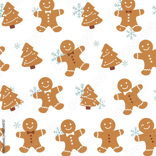 Christmas Gingerbread Man and Tree Pattern With Snowflakes Isolated Object Flat Design