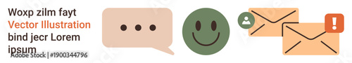 Digital messaging, online notifications, communication design, email icons, social media interactions, user feedback. Chat bubble, happy face notification alerts envelopes. Digital messaging