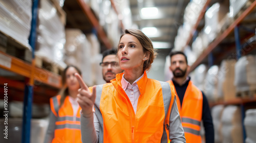Confident female warehouse team leader wearing orange safety vest pointing while giving instructions to logistics staff in storage aisle. 