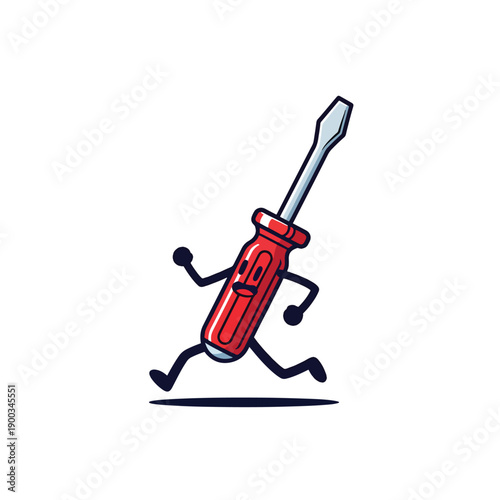 Running cartoon screwdriver mascot, a dynamic vector illustration of a helpful tool on white.