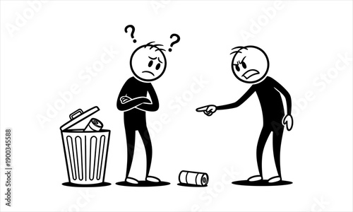 Stick figures illustrating a confrontation one blaming another for littering trash