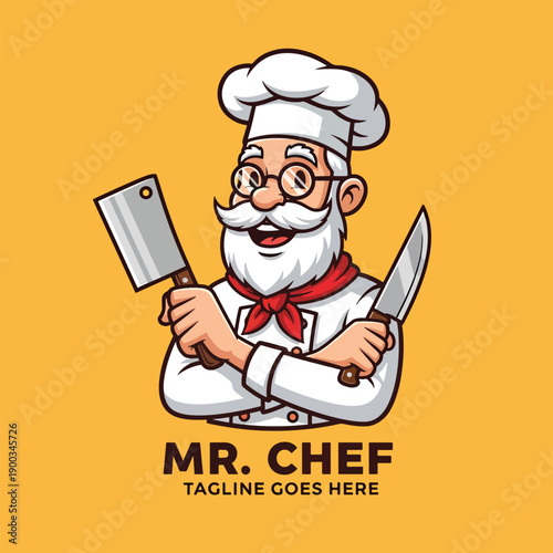 Cartoon illustration of a cheerful bearded male chef holding kitchen knives, ready to prepare a meal