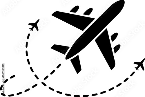 An iconic black silhouette of an airplane with a dotted flight path showing its journey or travel route isolated on transparent background, Vector