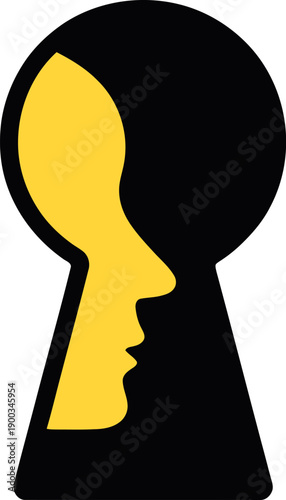 A captivating optical illusion featuring a black keyhole revealing two yellow human profiles facing each other. isolated on transparent background vector