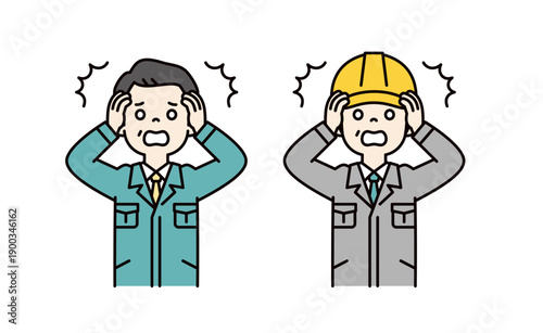 頭を抱えて驚く、社長・経営者とヘルメットをかぶった現場監督のベクターイラスト素材セット