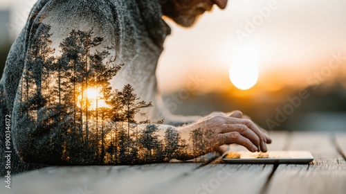 Senior man typing on a tablet overlaid with a forest during sunset