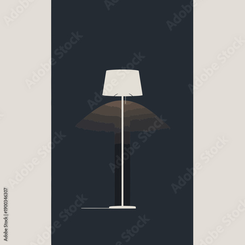 Modern standing lamp with layered shade on dark background