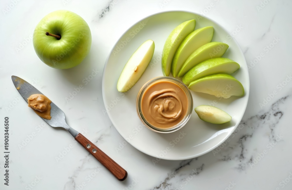 Obraz premium Green apple slices with peanut butter dip on white plate. Fresh fruit with creamy spread ready for eating. Healthy snack preparation for delicious treat.