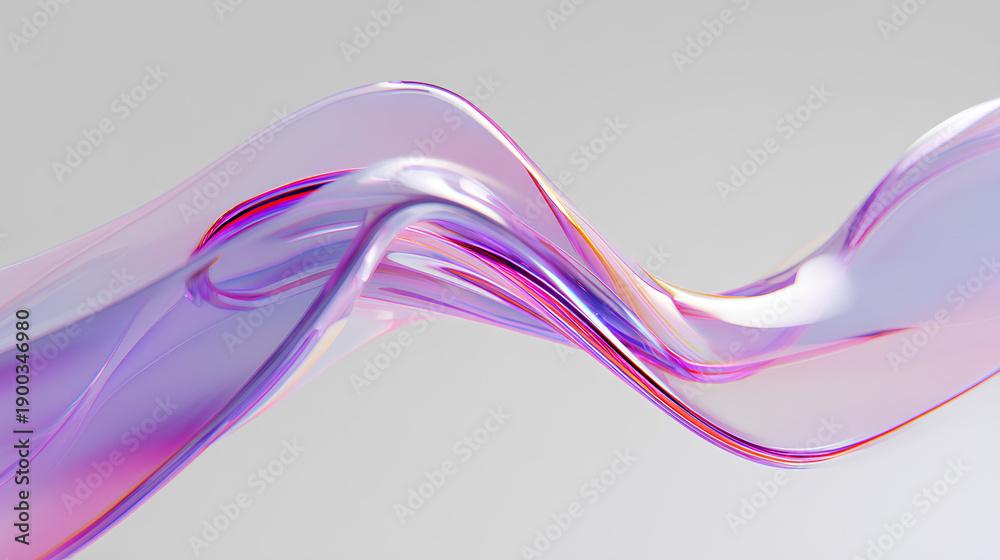3d glass holographic liquid white background ribbon wave line render. Abstract fluid gradient tape. Fluid flow curve shape with flare and motion effect in purple pink light hologram colors