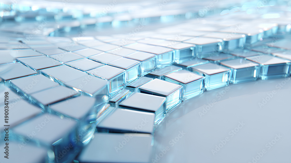 Obraz premium 3d light blue background with row of glass white background square plates. Abstract curve wave line pattern. Crystal array of geometric block shapes render. Futuristic design digital tech