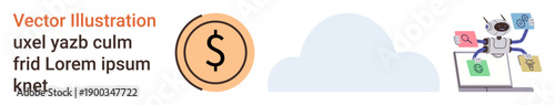 Financial technology, cloud computing, digital transactions, AI-powered automation, online payments, and fintech tools. Cloud with dollar and robot managing files. Financial technology and automation