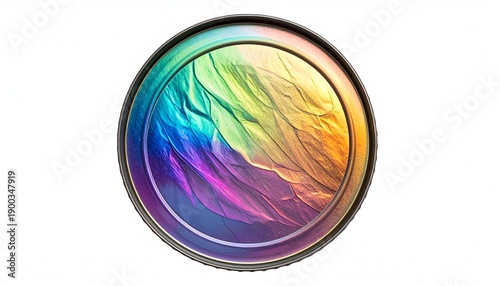 Circular design, vibrant rainbow colors in a flowing pattern, encased within a metallic ring