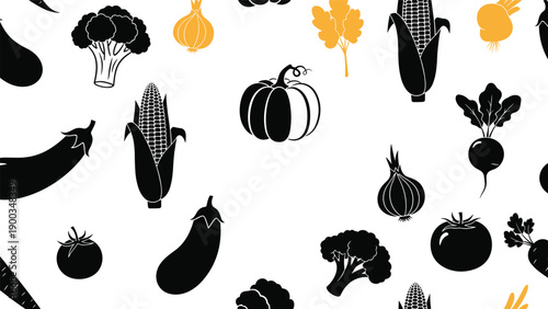 Seamless pattern of various vegetable silhouettes including pumpkins eggplants broccoli tomatoes and onions in black and yellow.
