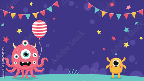 Space themed birthday party background featuring two cute colorful aliens a striped balloon and festive bunting under a starry night sky.