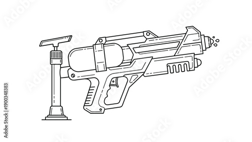 Detailed line art illustration of a futuristic water gun toy with a pump and a water tank isolated on a white background.