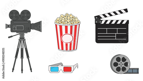 Set of cinema and movie production icons including a video camera popcorn box clapperboard 3d glasses and a film reel.