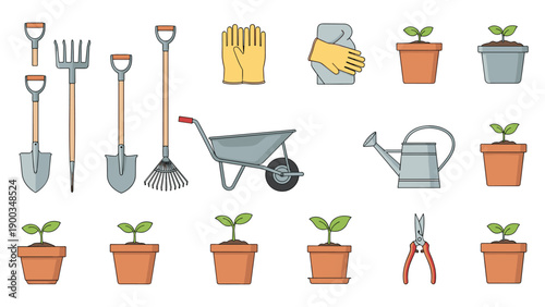 Set of gardening equipment icons including shovels rake wheelbarrow watering can gloves and young plants in terracotta pots.