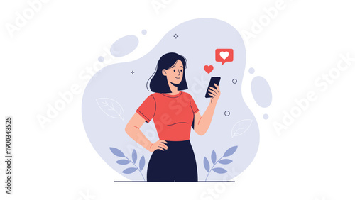 Young woman using a smartphone with floating pink heart icons symbolizing likes or social media engagement on a blue background.