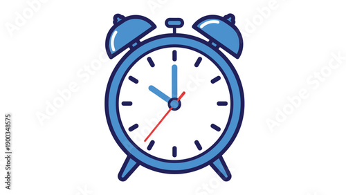 Classic blue analog alarm clock with two bells and a white face showing ten past ten isolated on a white background.
