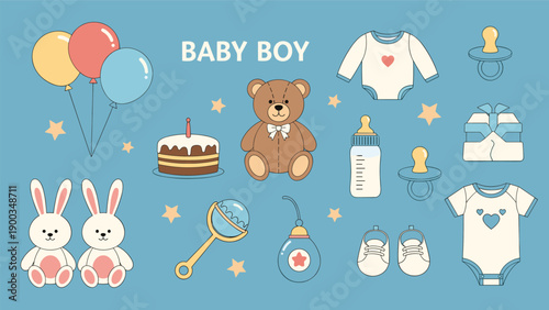 Baby boy themed illustration collection with balloons, a teddy bear, rabbits, a cake, and various blue baby accessories.