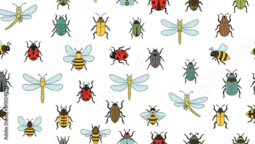 Busy insect pattern featuring colorful bees, ladybugs, dragonflies, and various beetles on a white background for educational use.