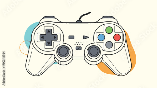 Close up detailed illustration of a classic white video game controller with multi colored buttons and a dark wire.