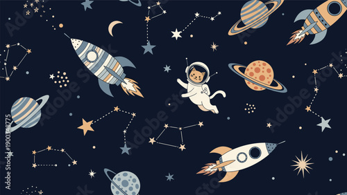Whimsical space pattern featuring rockets, planets, stars, and a cute cat astronaut floating in the dark blue galaxy.