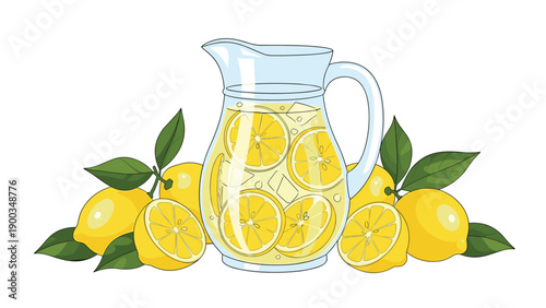 Large glass pitcher of cold lemonade with ice and slices, flanked by whole lemons and green leaves on white background.