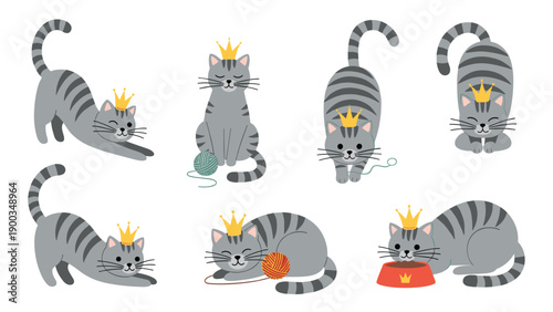 Set of seven cute grey striped cat characters wearing golden crowns and performing different playful activities.