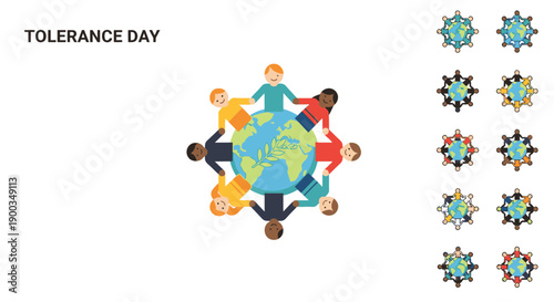 Global Unity Celebrated on Tolerance Day with Diverse People Holding Hands Around the Earth, Illustrated in Vibrant Colors from a Bird's Eye View