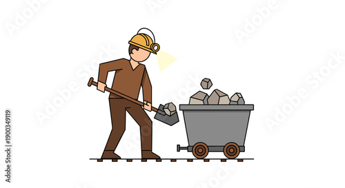Cartoon Miner Pushing Ore Cart.