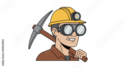 Cartoon Miner with Pickaxe and Headlamp.