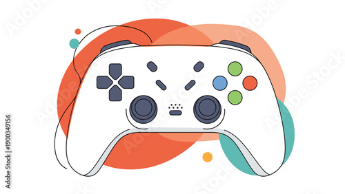 Modern white video game controller with multi colored buttons and black thumbsticks on a colorful abstract background.