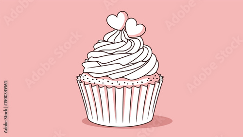 Delicious cupcake with swirl frosting and two pink heart toppers, presented on a soft pink background for a sweet treat.