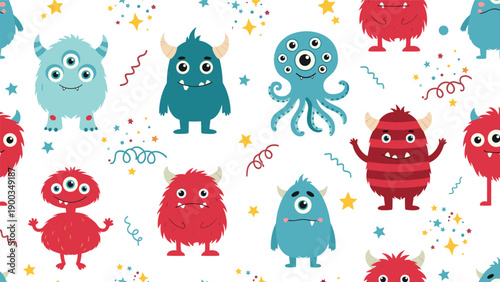 Seamless pattern of cute colorful monsters with different shapes and features like horns and multiple eyes on white background with stars.